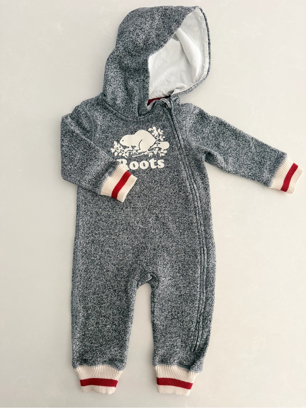 Roots Baby One-Piece Hooded Romper (Salt & Pepper) • Size 6-12M